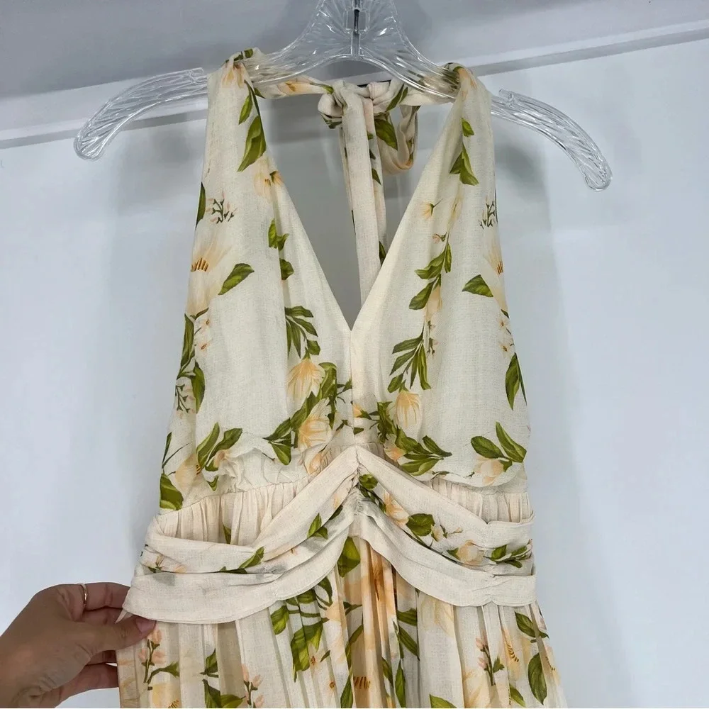 Farm Rio Cream Floral Boho V Neck Tie Back Adjustable Halter Maxi Dress Gown M - Picture 4 of 12